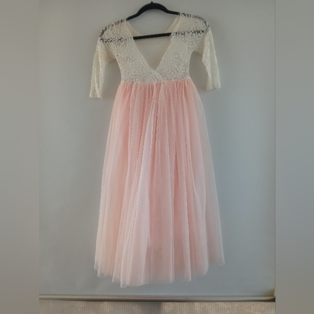 2Bunnies Lace & Tulle Flower Girl Formal Maxi Dress Cream Pink Size 7-8Y - Picture 3 of 9